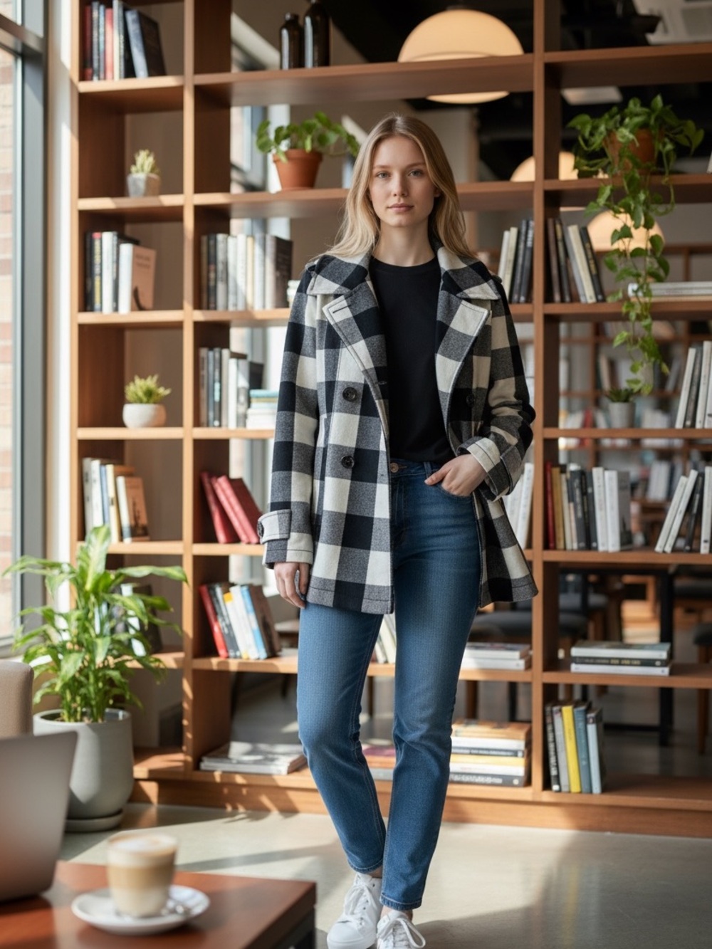 GAP Black and White Plaid Double-Breasted Peacoat